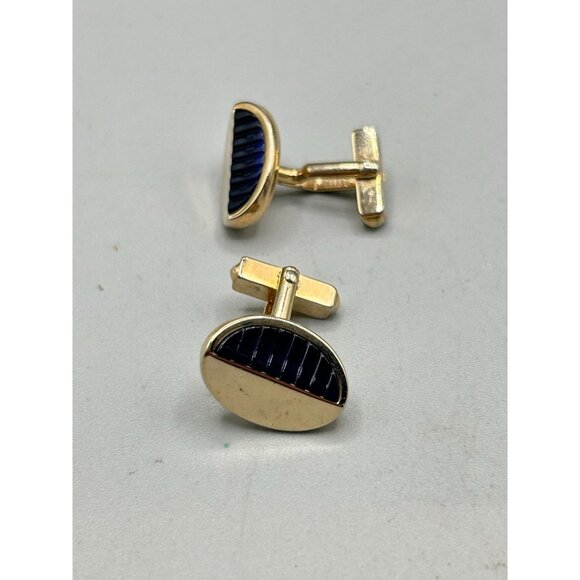 Vintage Swank Cufflinks Gold Tone Blue Textured Sides Mid Century Modern Design - Picture 3 of 8